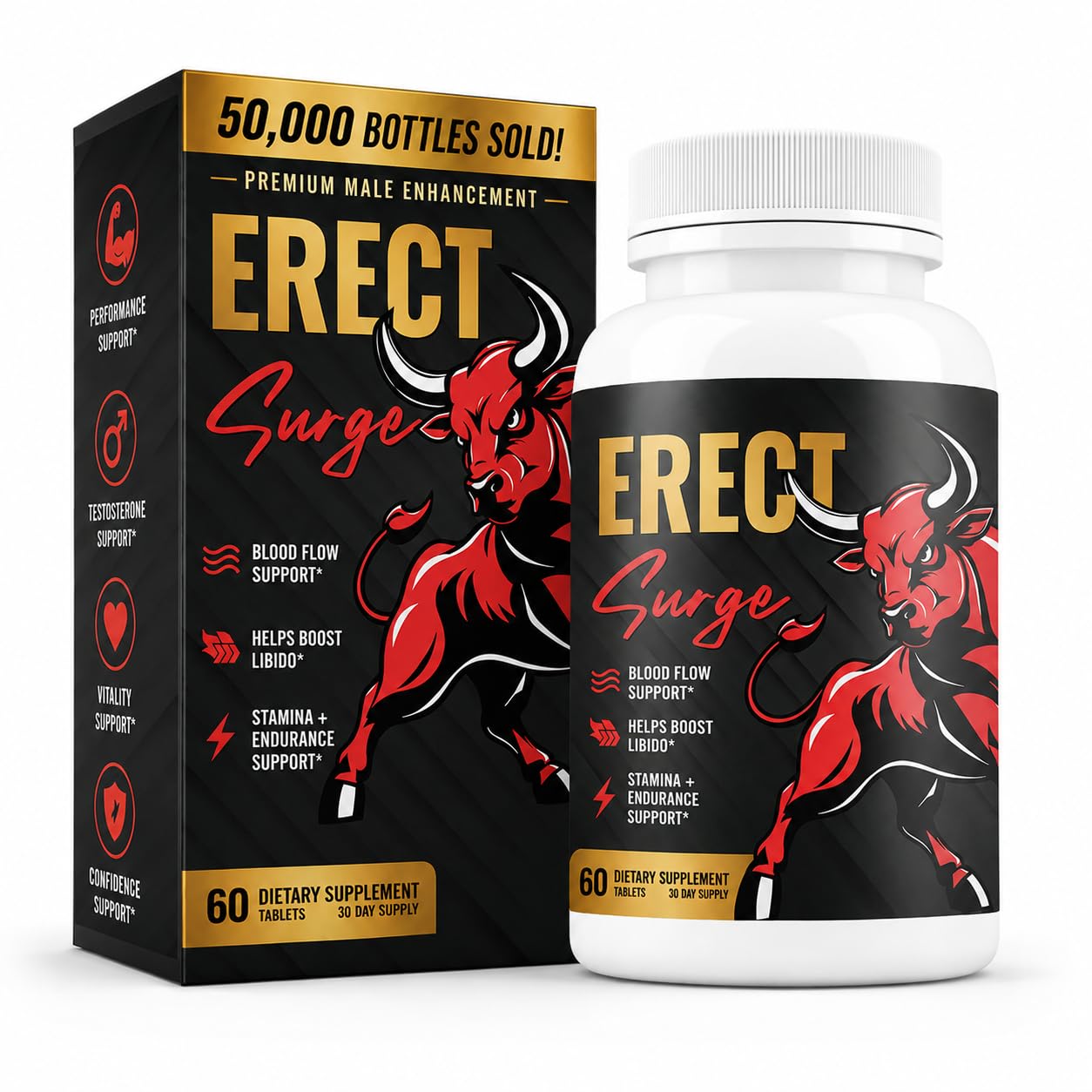 Nutrimend IQ Erect SURGE male performance supplement bottle with 60 pills, dietary supplement for enhanced stamina and vitality.