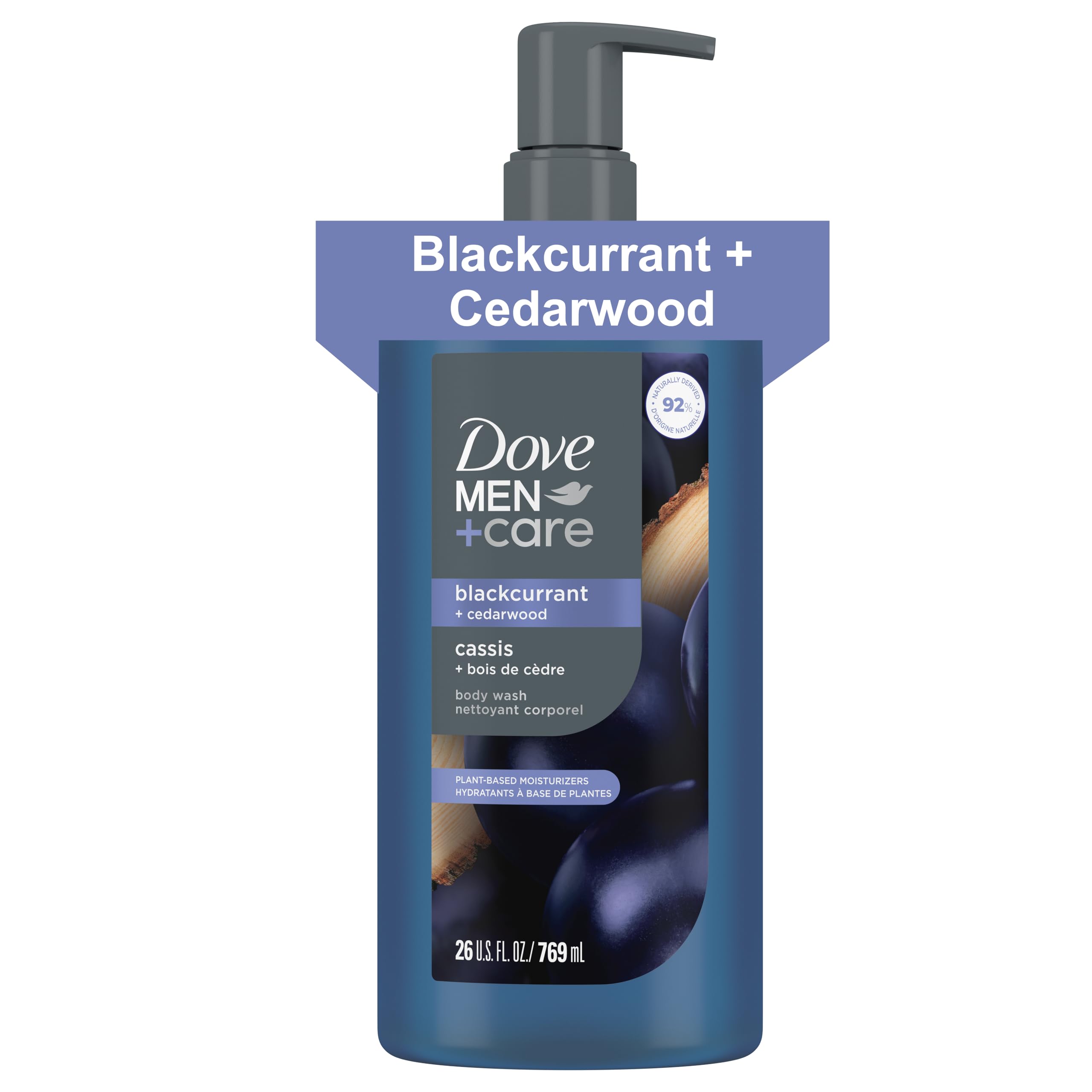 Dove Men+Care Blackcurrant & Cedarwood body wash bottle, 26oz, with blackcurrant and cedarwood scent, in a clear plastic container.
