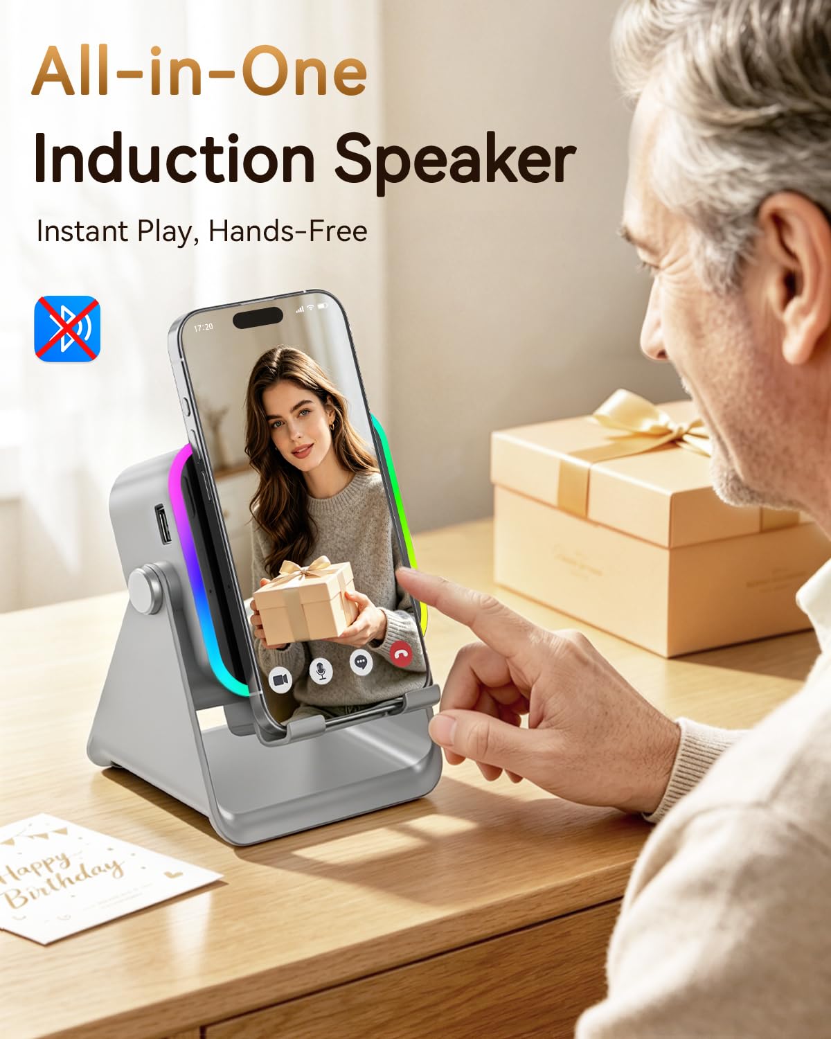 MILOUZ Gifts for Men Tech Gadgets Wireless Induction Speaker with Phone Stand – back view and specifications