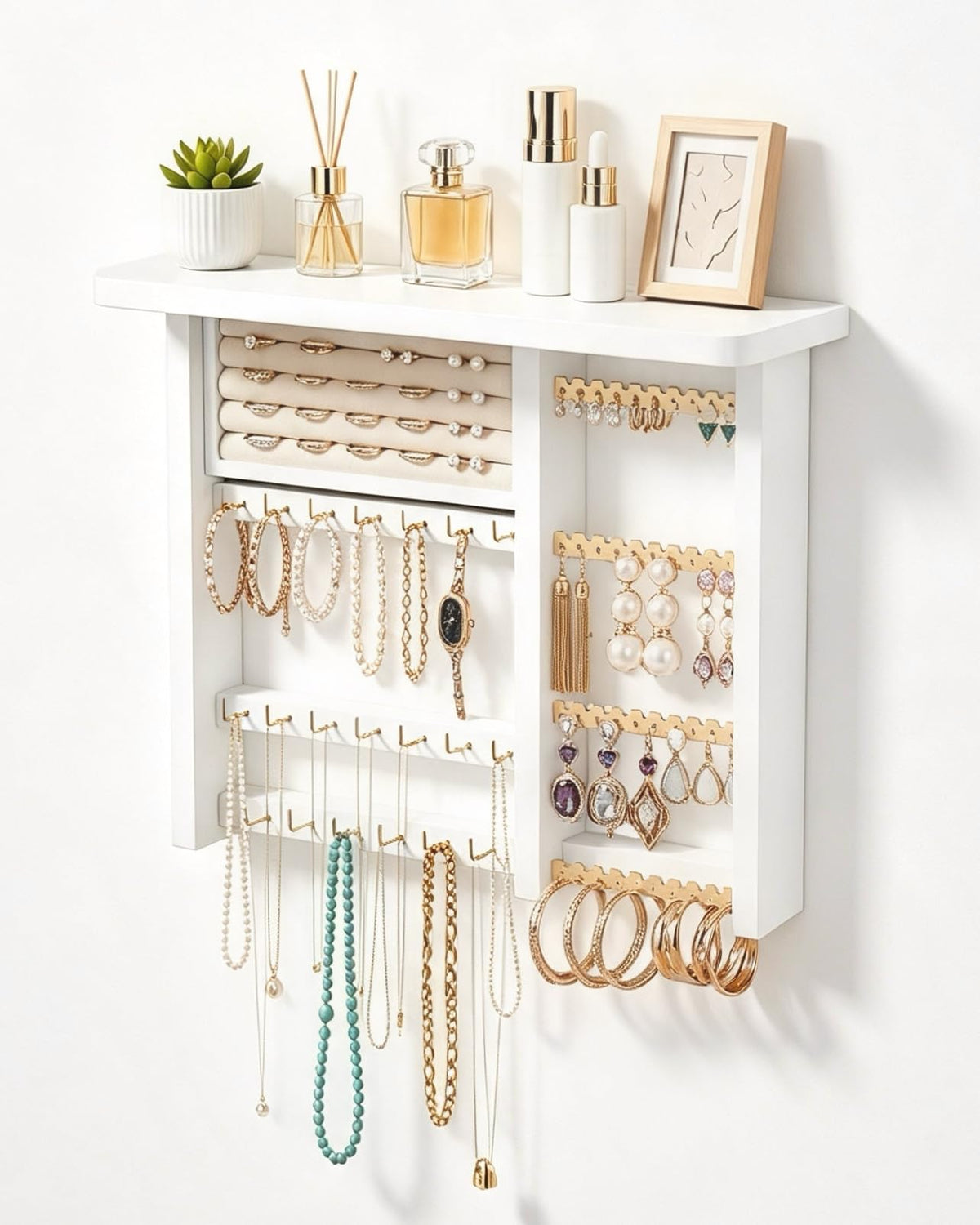 Lolalet Hanging Jewelry Organzier, Wall Mounted Wooden Jewelry Holder-Brown – Brown, Metal, Wood