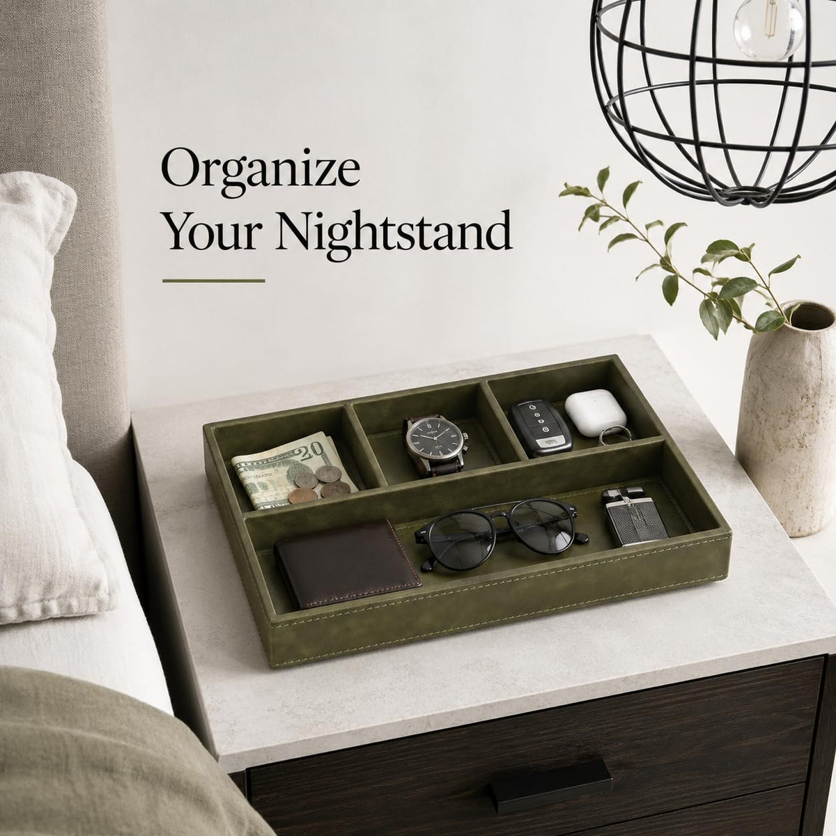 GORESE Valet Tray for Men, Leather Tray EDC Desk Organizer, Olive Green – packaging and label