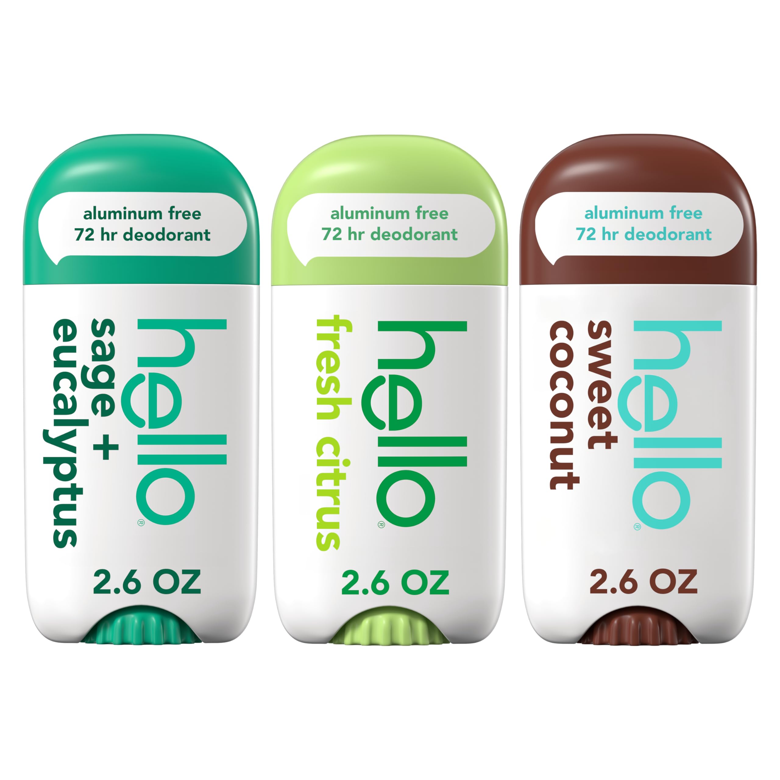 Hello aluminum-free deodorant variety 3-pack with 2.6 oz sticks, featuring natural scent options and eco-friendly packaging.
