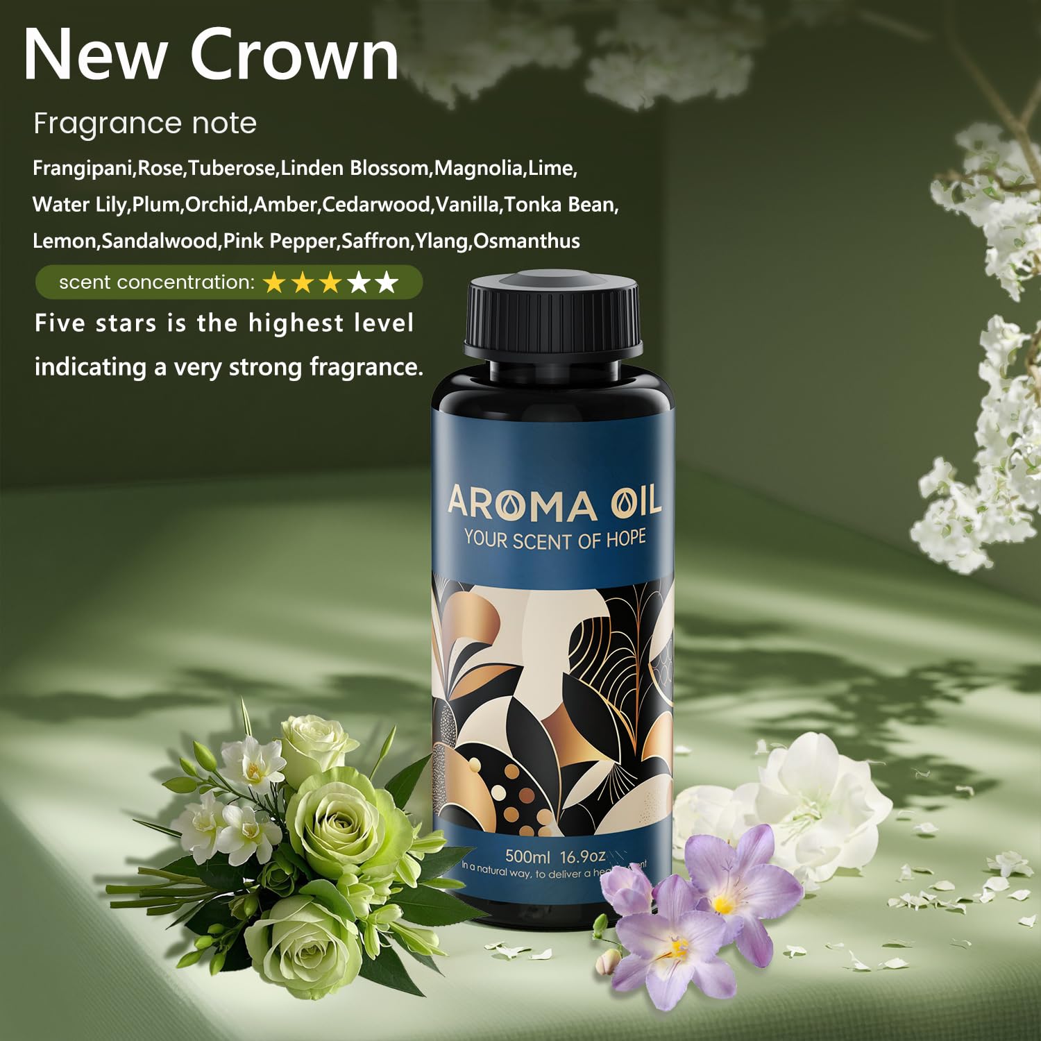 LEAMERR Crown Scent diffuser oil in a 500ml bottle, essential oil for hotel aroma, with elegant packaging and a fresh, floral scent