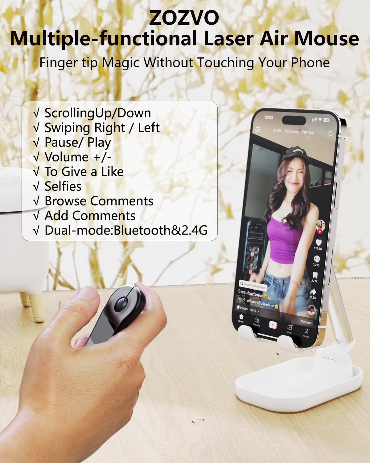 ZOZVO Rechargeable Air Mouse for PC/iOS/Android with Touchpad Wireless PPT Presenter with Bluetooth 2.4G, Works with Pow