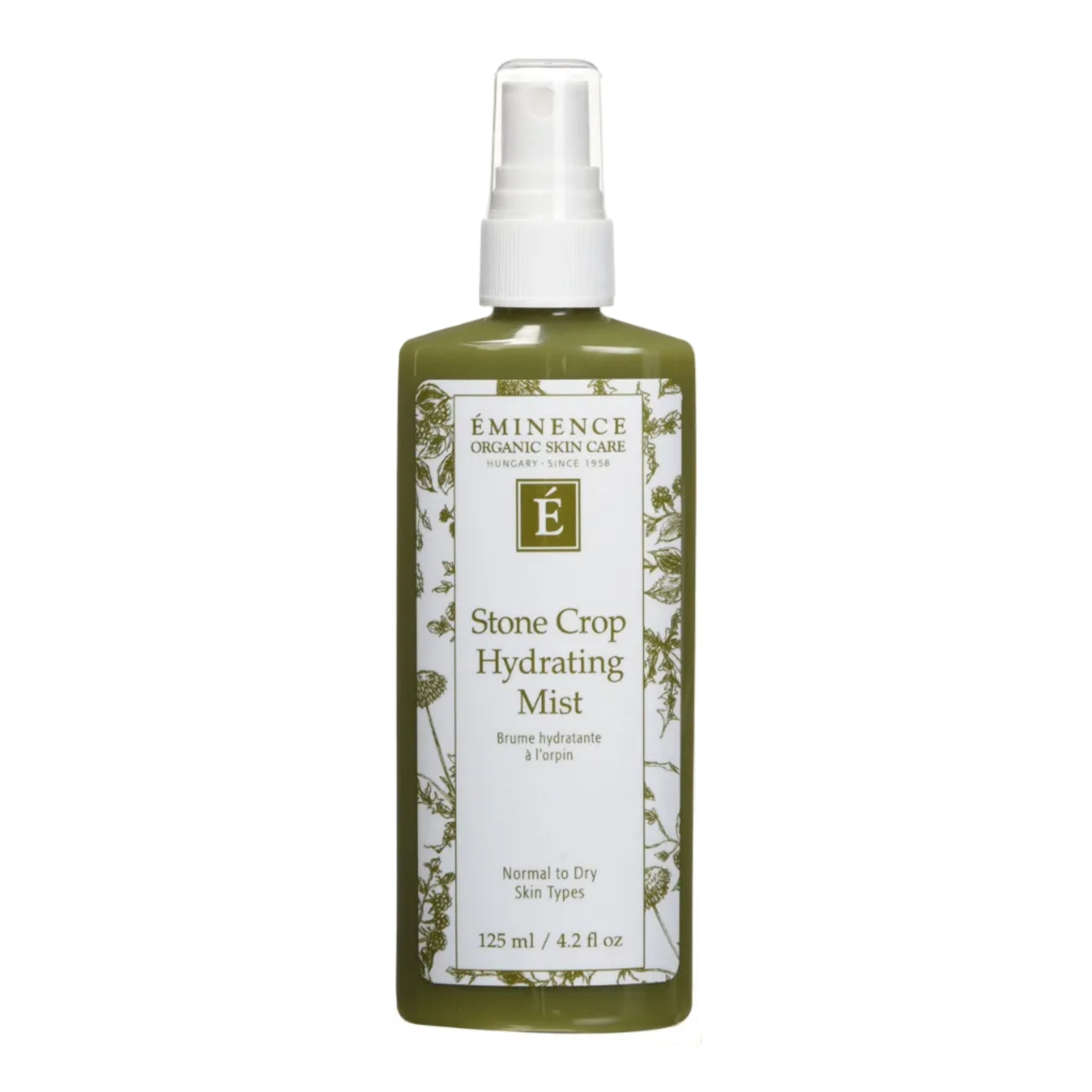 Eminence Organic Stone Crop Hydrating Mist in a 4.2-ounce spray bottle, promoting skin hydration and refreshment.
