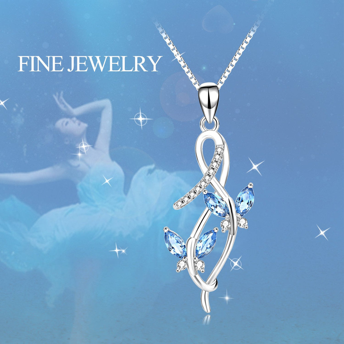 AOBOCO Sterling Silver Infinity Butterfly Pendant Necklace with Simulated Aquamarine Blue Crystals, Anniversary Birthday