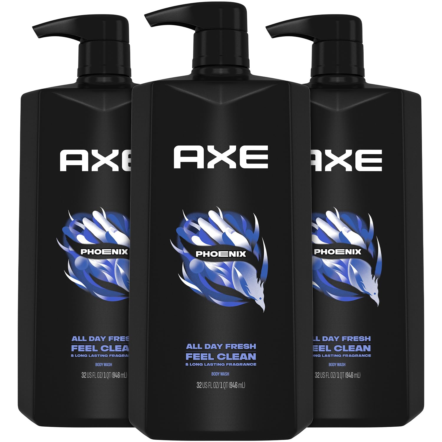 AXE men's body wash and shower gel set with phoenix scent, crushed mint and rosemary, 3 bottles of 32 fl oz each, in a 3-pack