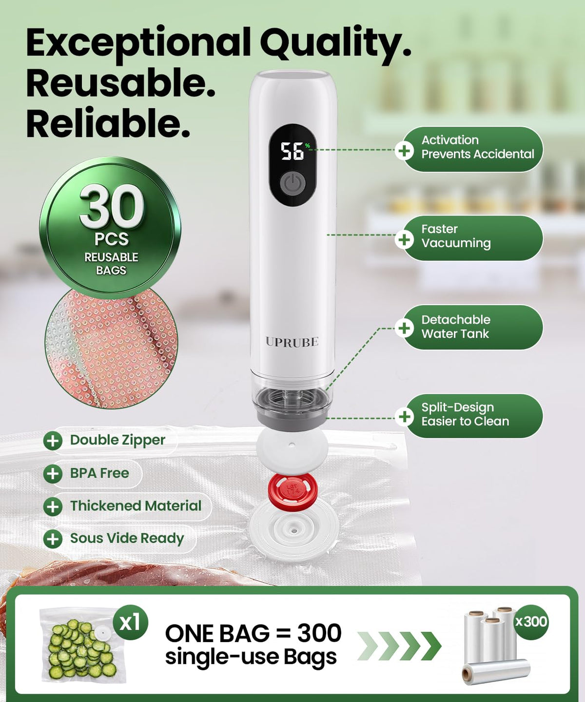 UPRUBE Compact Vacuum Sealer for Food, Drainage Tube, Wet Food, 30 Bags – alternate angle