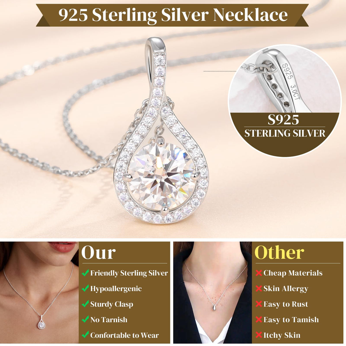 E-EMERMAKING Moissanite Necklace Gift for Women, 925 Sterling Silver 18K White/Yellow Gold Vermeil 0.5-6.0CT Moissanite 