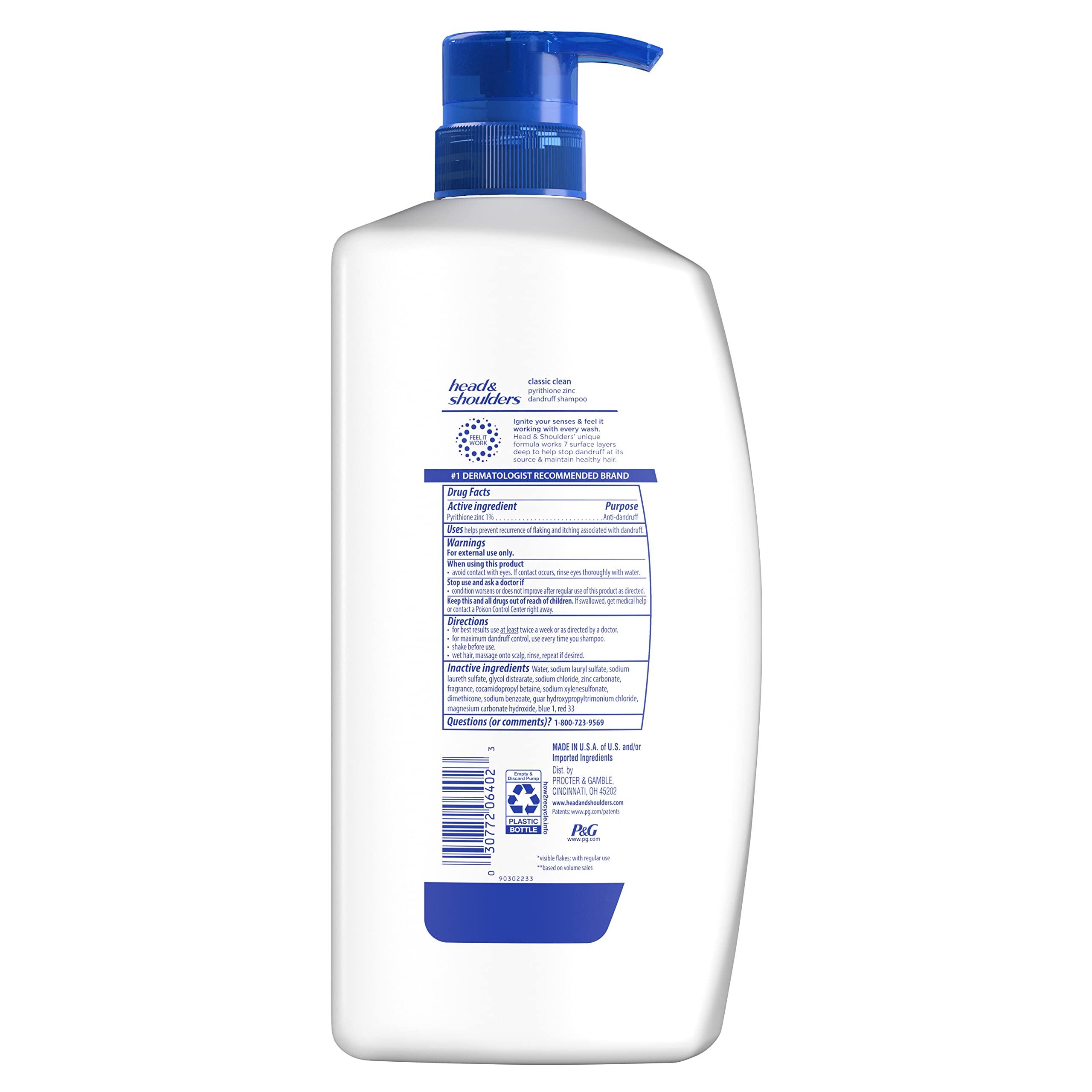 Head & Shoulders Classic Clean shampoo bottle, 28.2 fl oz, with white and blue label, shown from a side view.
