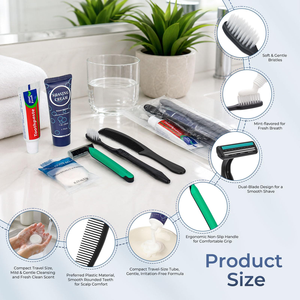 50 Pack Travel Toiletry Kit Bulk 6 in 1 Disposable Personal - HQSLsund Official Imagery - 4
