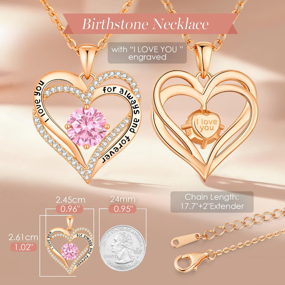 CDE 18K Rose Gold Heart Pendant Necklaces Gift, Birthstone Jewelry Gift – full view