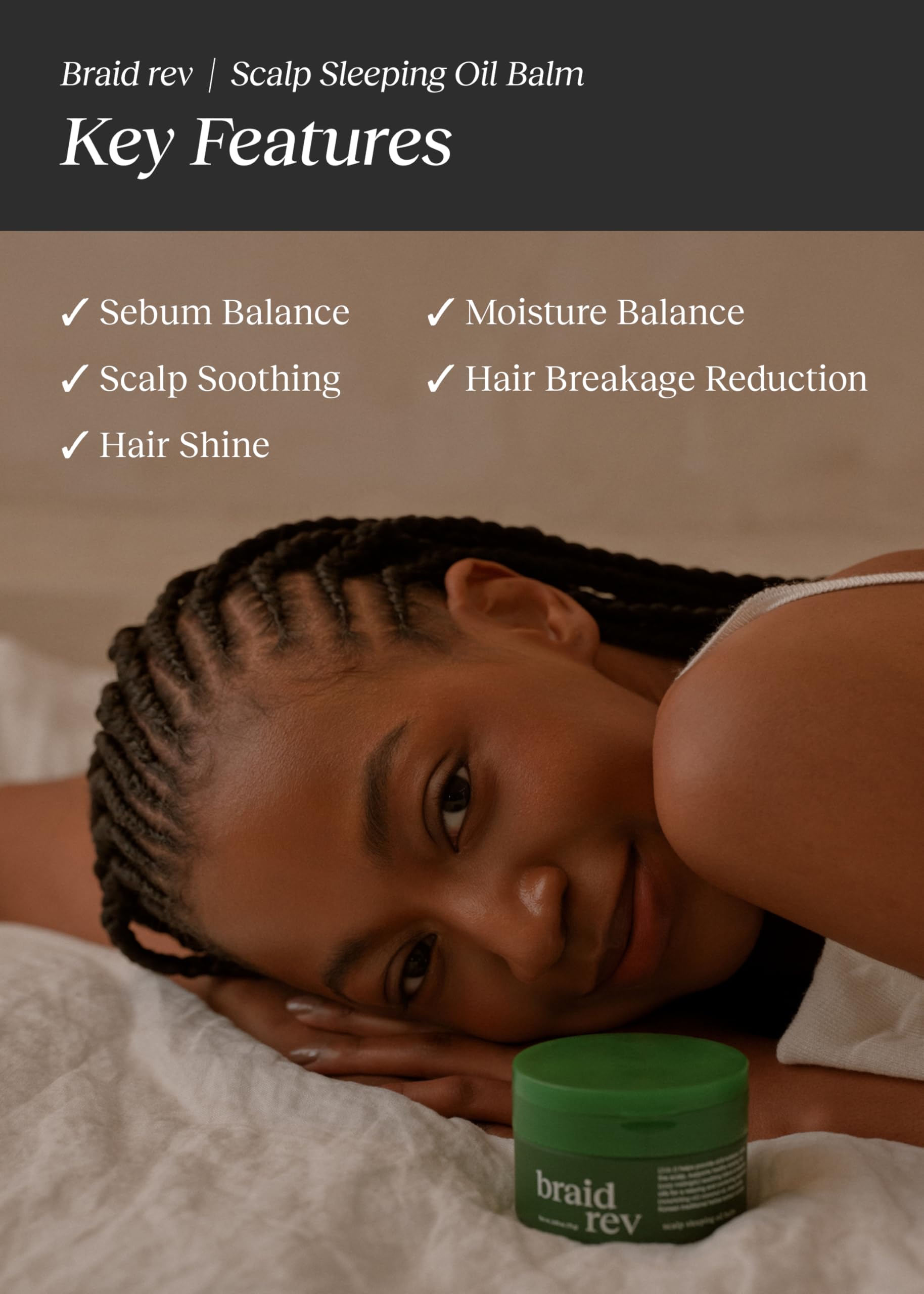 Bephor Braid Rev Scalp Sleeping Oil Balm for nourishing night hair care, showing the 2.65 oz jar with hair and scalp application.