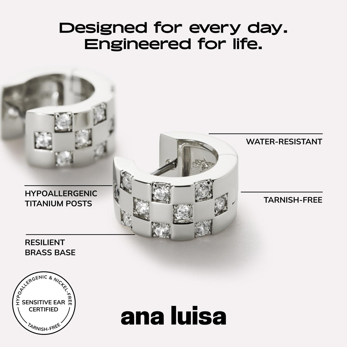 Ana Luisa Eden Huggie Hoop Earrings - 14K Gold & Silver Rhodium Plated – packaging and label