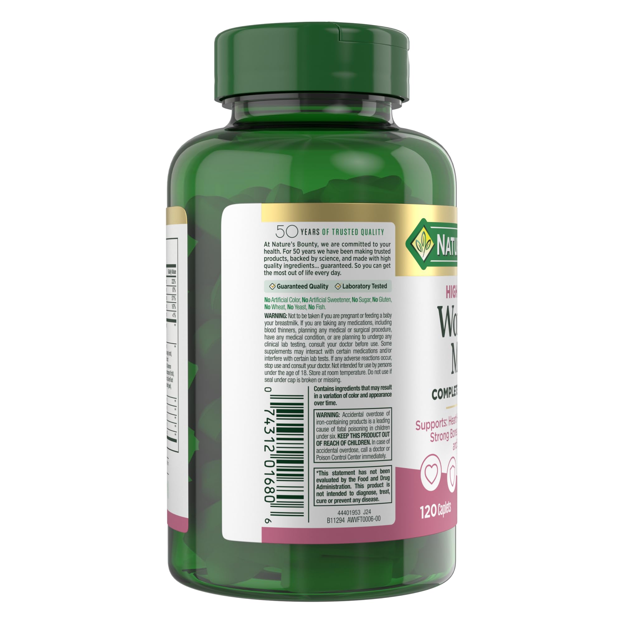 Nature's Bounty Women's Complete Multivitamin caplets, high potency vitamin supplement for women, 120 count bottle.