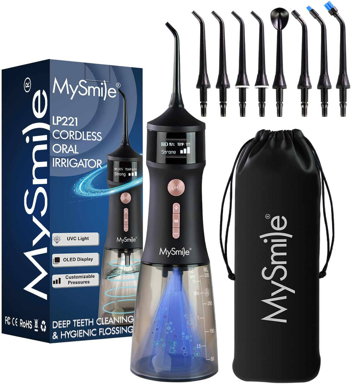 MySmile LP221 Cordless Water Flossers for Teeth w/UVC Light & OLED Display – Midnight Black, Plastic