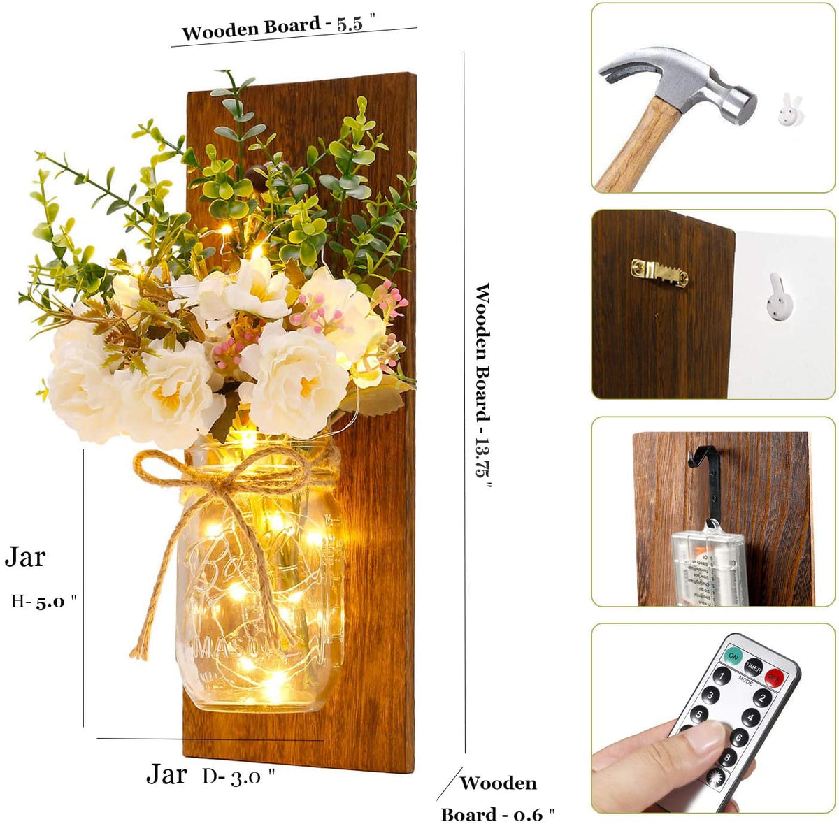 Homecor Rustic Wall Sconces Mason Jar Sconces Handmade Wall Art Hanging Design with Remote Control LED Fairy Lights and 