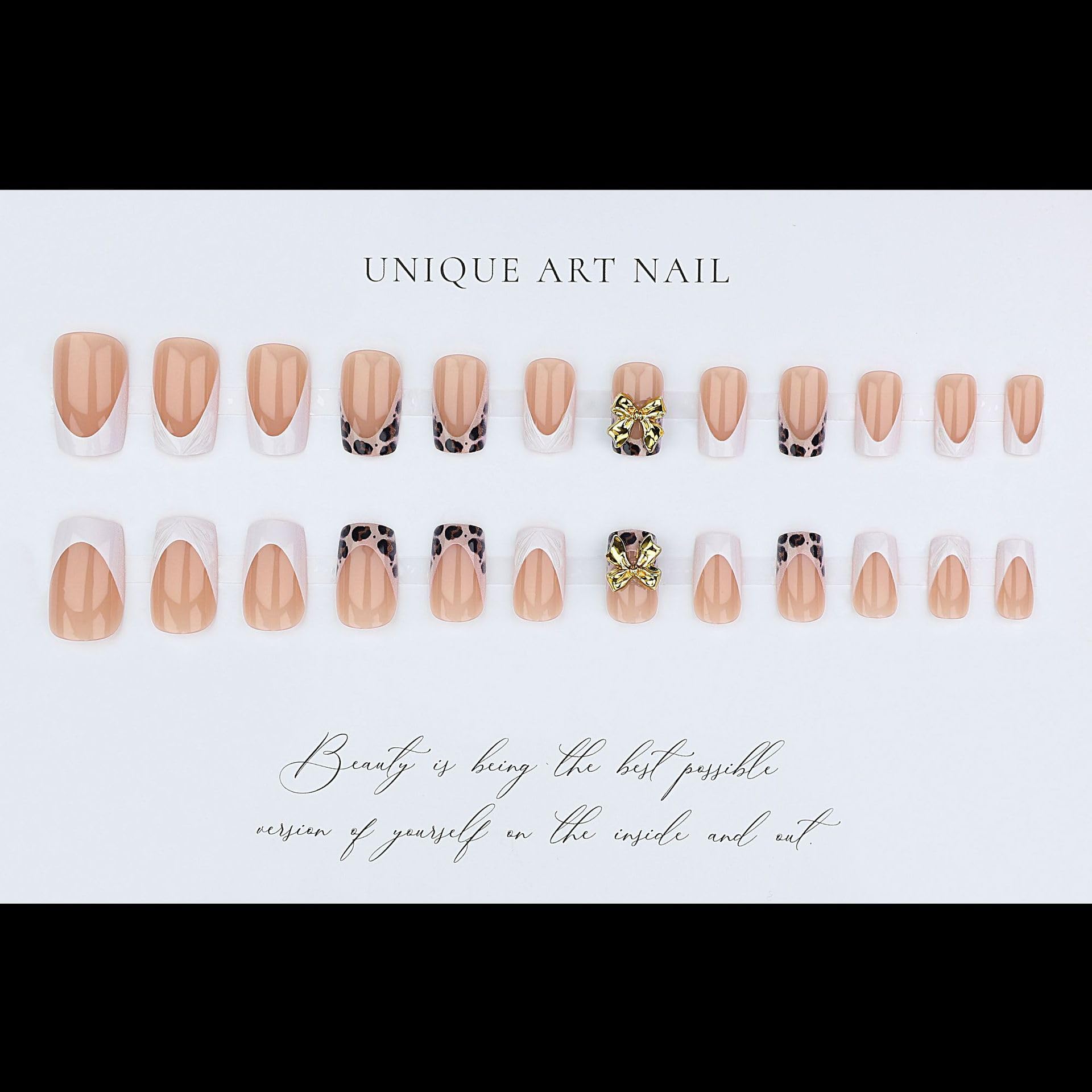 Medium square press on nails with French tips, leopard print, 3D bows, glossy finish, reusable acrylic for women’s fall winter nail art.