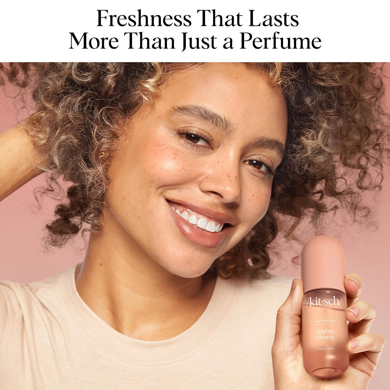 Kitsch Amber Shores hair perfume in 50mL bottle, featuring a luxurious fragrance for women with a sleek design.