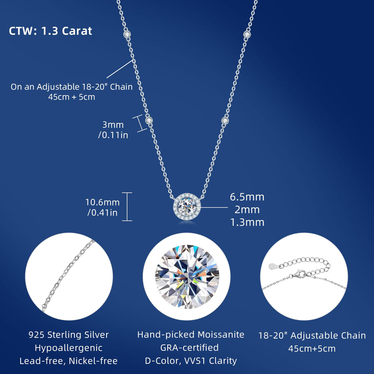 AINUOSHI 925 Sterling Silver Dainty 1 Carat Moissanite Station Necklace – alternate angle