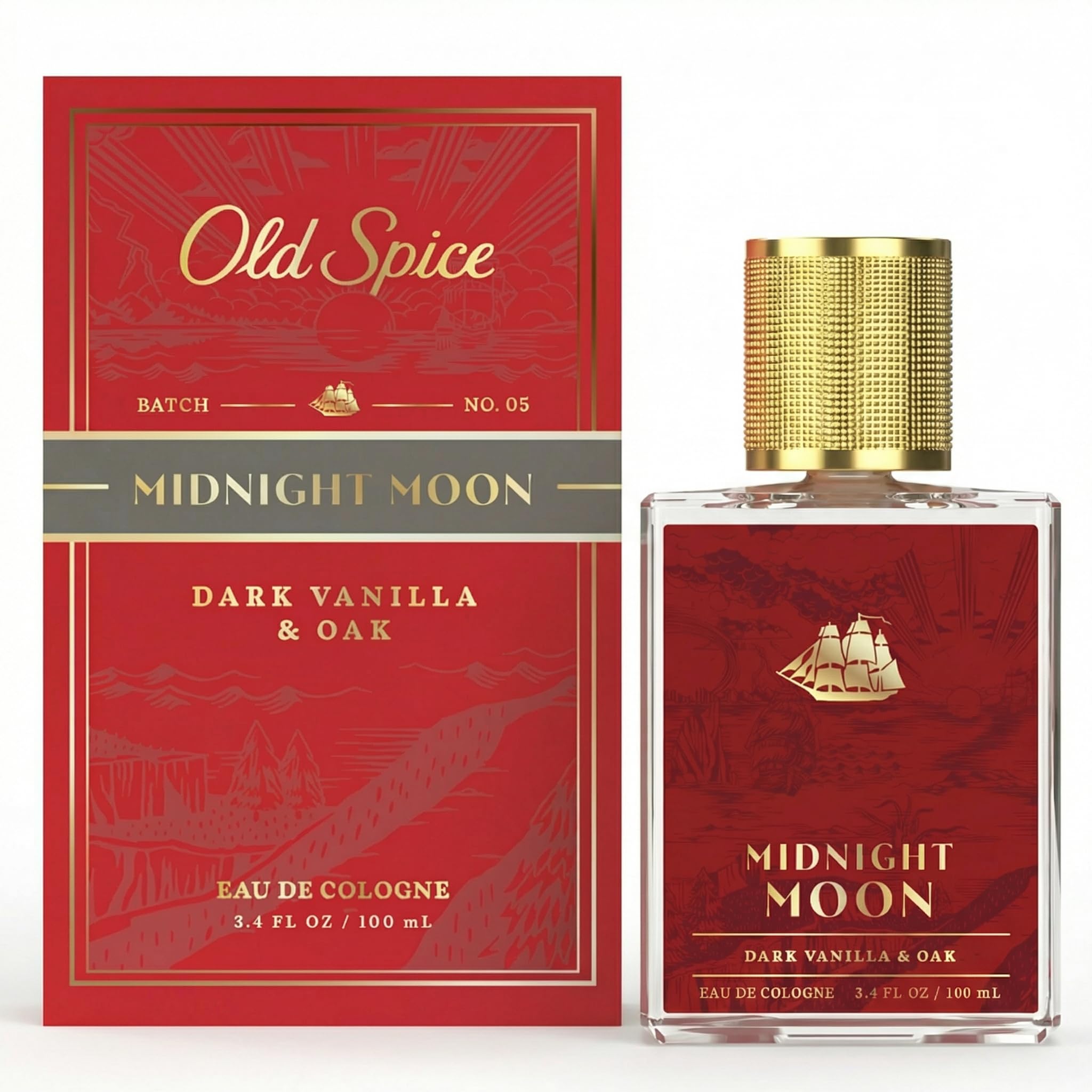 Old Spice Midnight Moon cologne for men, 3.4 fl oz, featuring a sleek black bottle with a modern design.