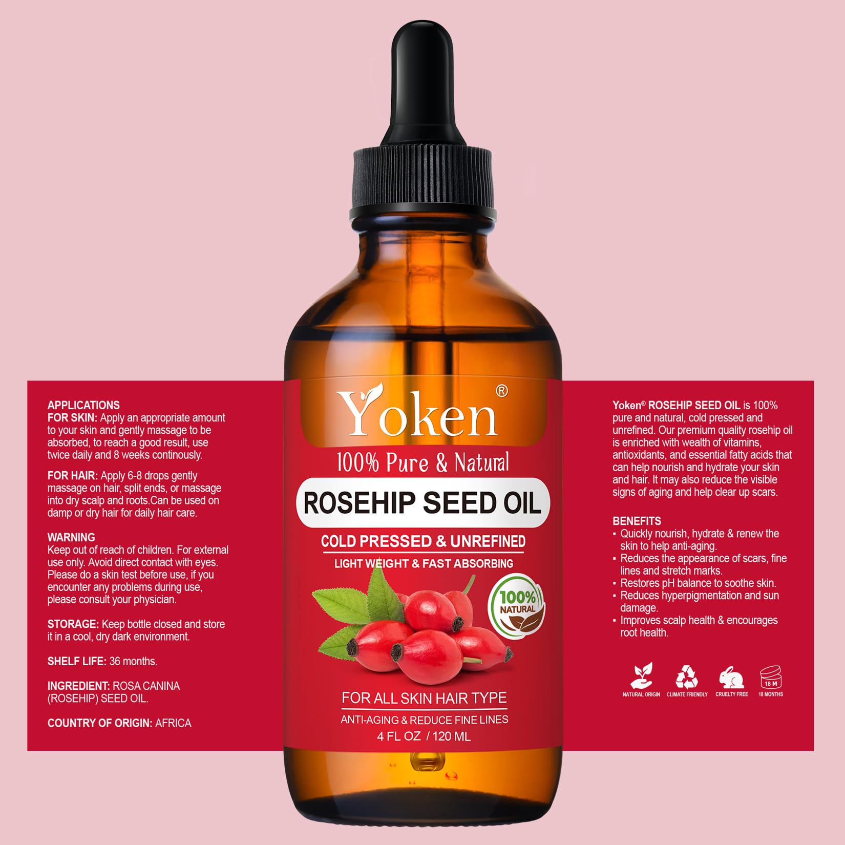 Yoken Cold Pressed Organic Rosehip Seed Oil for Face, Hair & Body, 4 fl oz