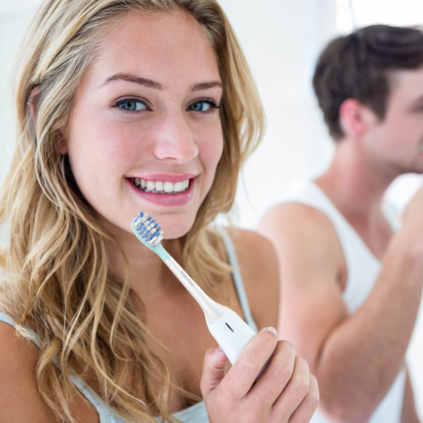 Six BrightDeal Sonicare replacement toothbrush heads in white for electric toothbrushes, shown in a 6-pack.