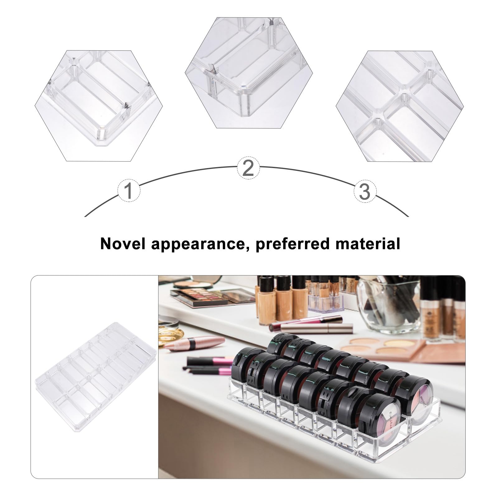 VILLCASE acrylic makeup storage caddy with 16 compartments for blush, eyeshadow, and cosmetics, ideal for vanity or travel use.