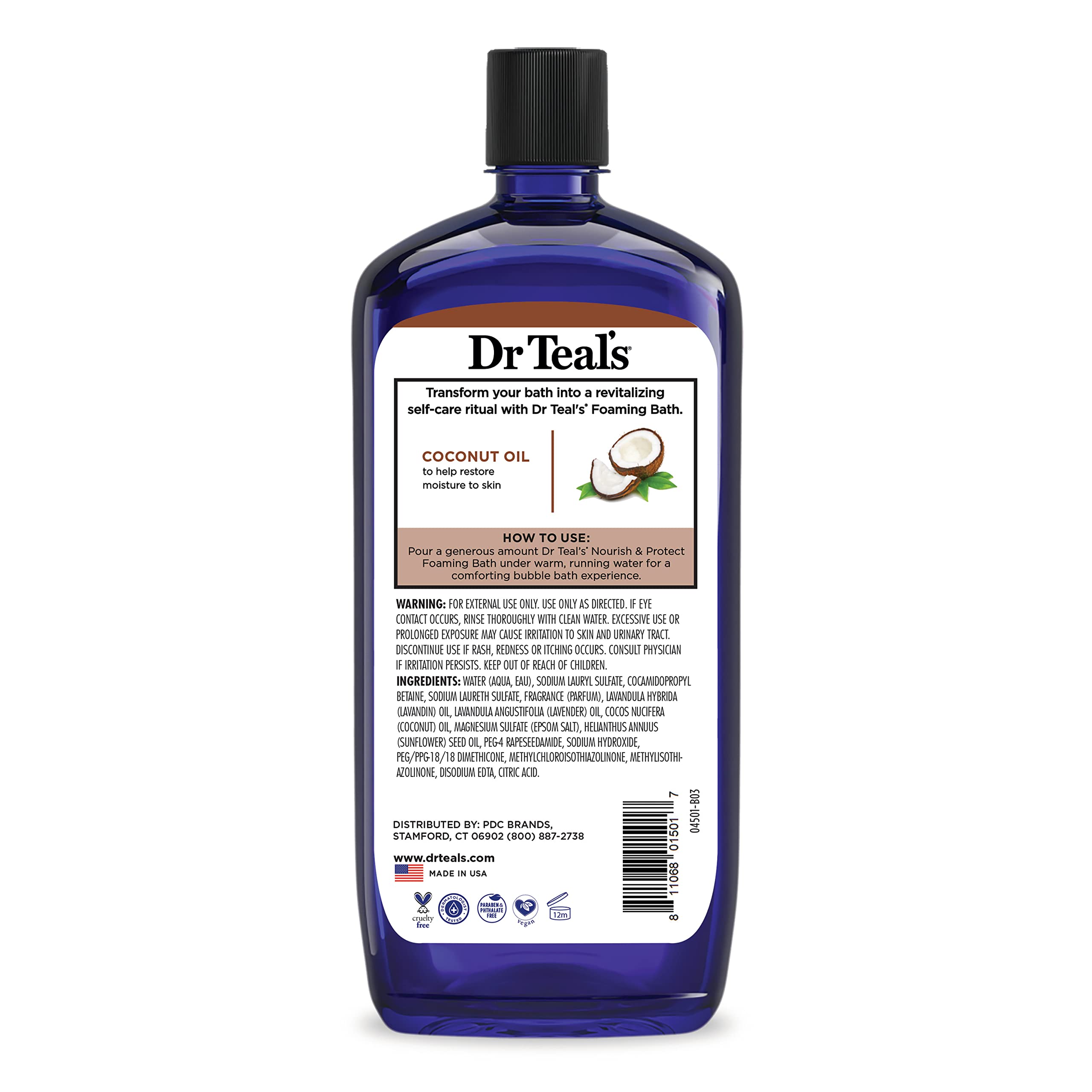 Dr Teal's foaming bath with Epsom salt, coconut oil, 34 fl oz, pack of 4, nourishing and protective bathwater additive