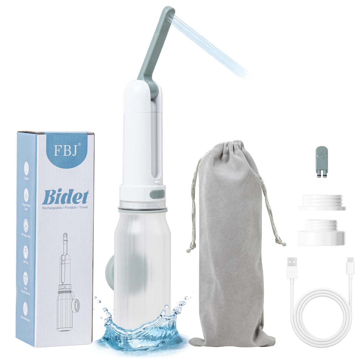 FBJ Portable Bidet, Personal Bidet for Travel, Electric Peri Bottle Adjustable Pressure Handheld Bidet with 3 Spray Mode