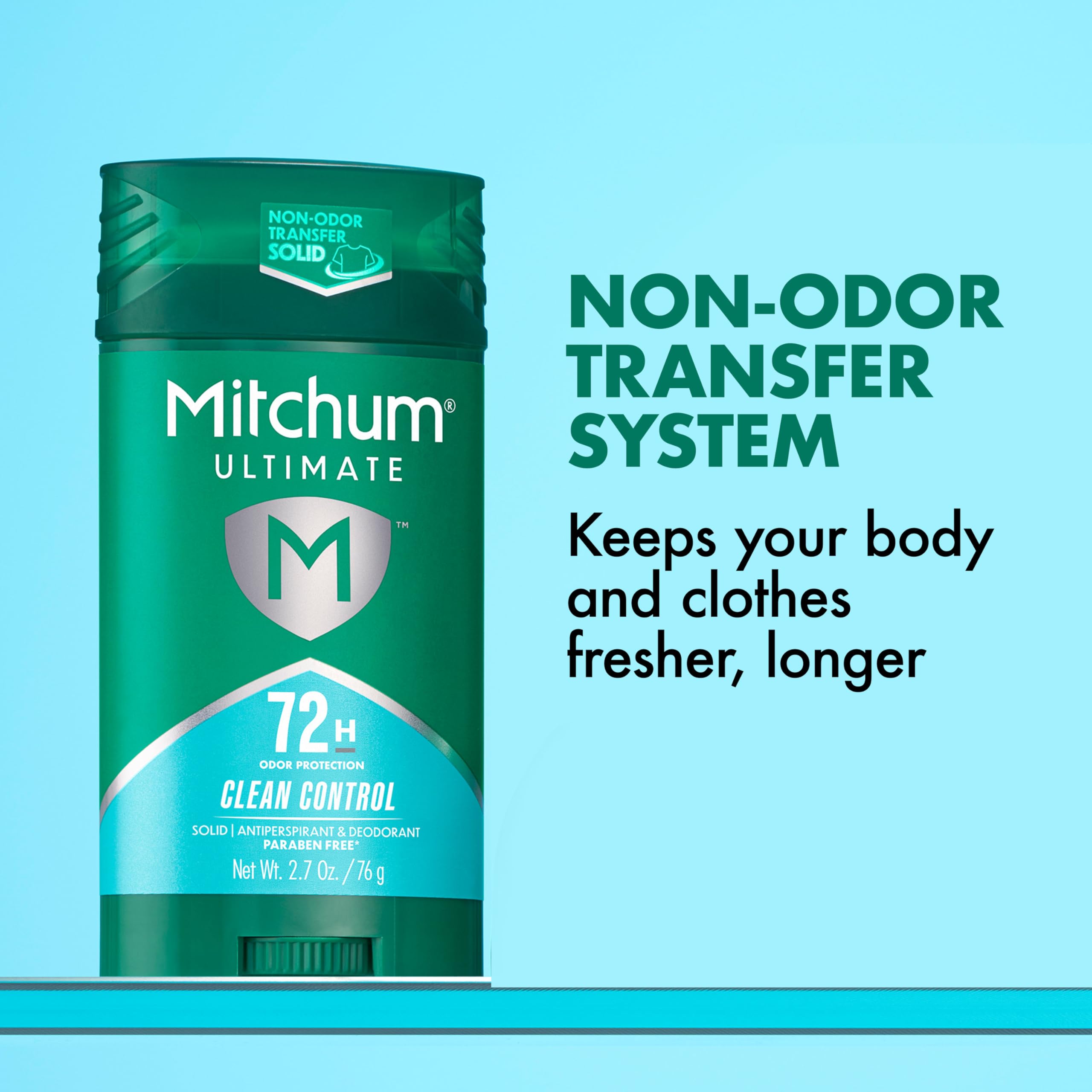 Mitchum 72H odor protection antiperspirant deodorant in a 2-pack, clean control scent, shown in a close-up image.