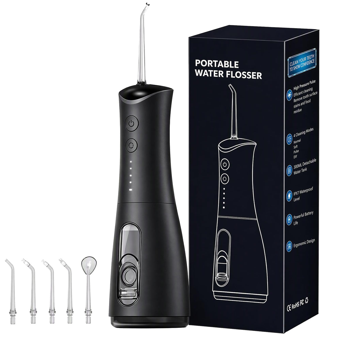 Portable Water Flosser 300 Ml IPX7 Featuring 5 Nozzle Heads - DASSIECL Official Imagery - 2