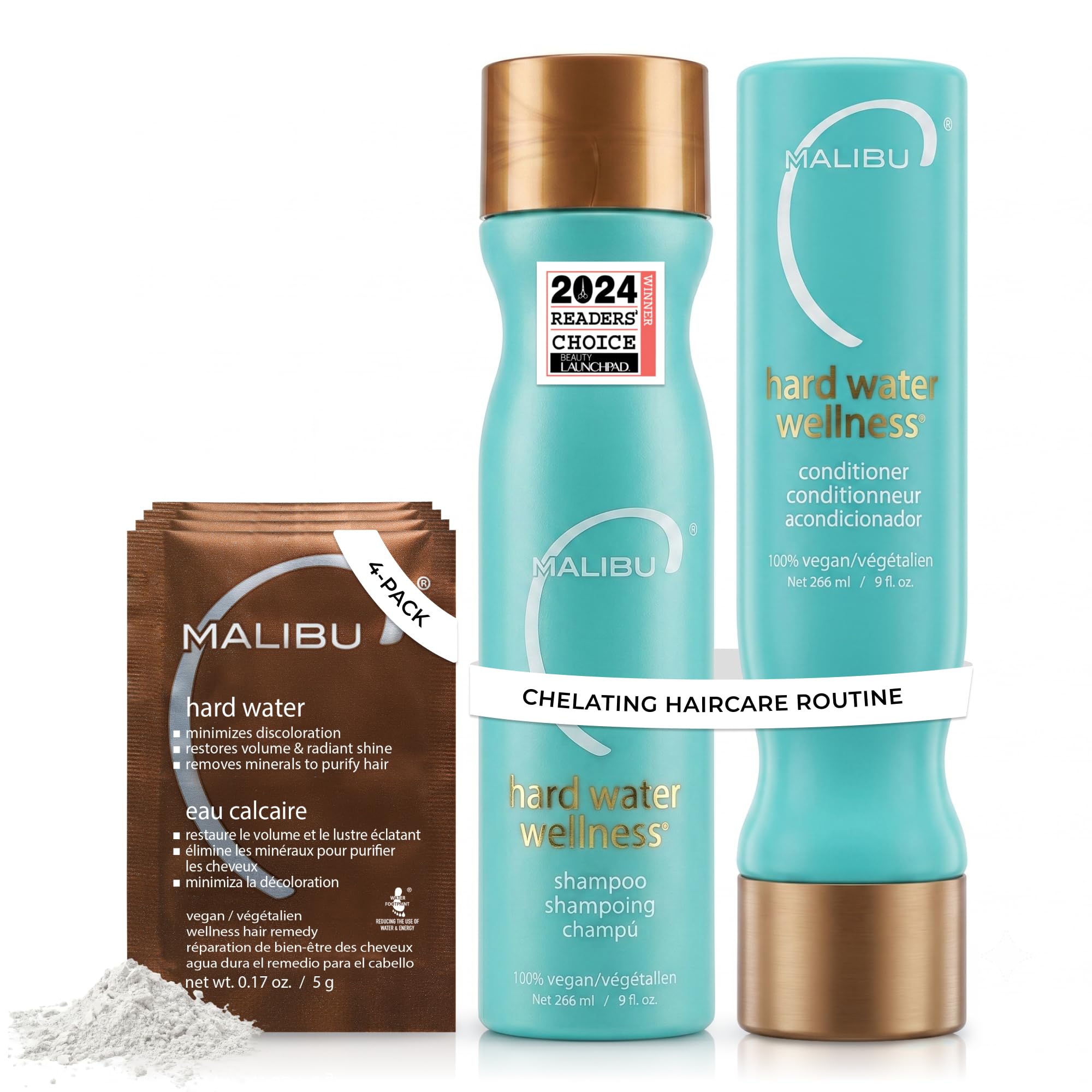Malibu C Hard Water Wellness Conditioner packet, hydrating hair care set for removing mineral deposits and impurities.