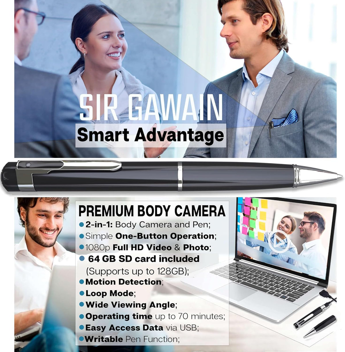 SIRGAWAIN Premium Body Camera Pen — Full HD 1080p Video & Photos, 70-Min Battery, Motion Detection, One-Button Control, 