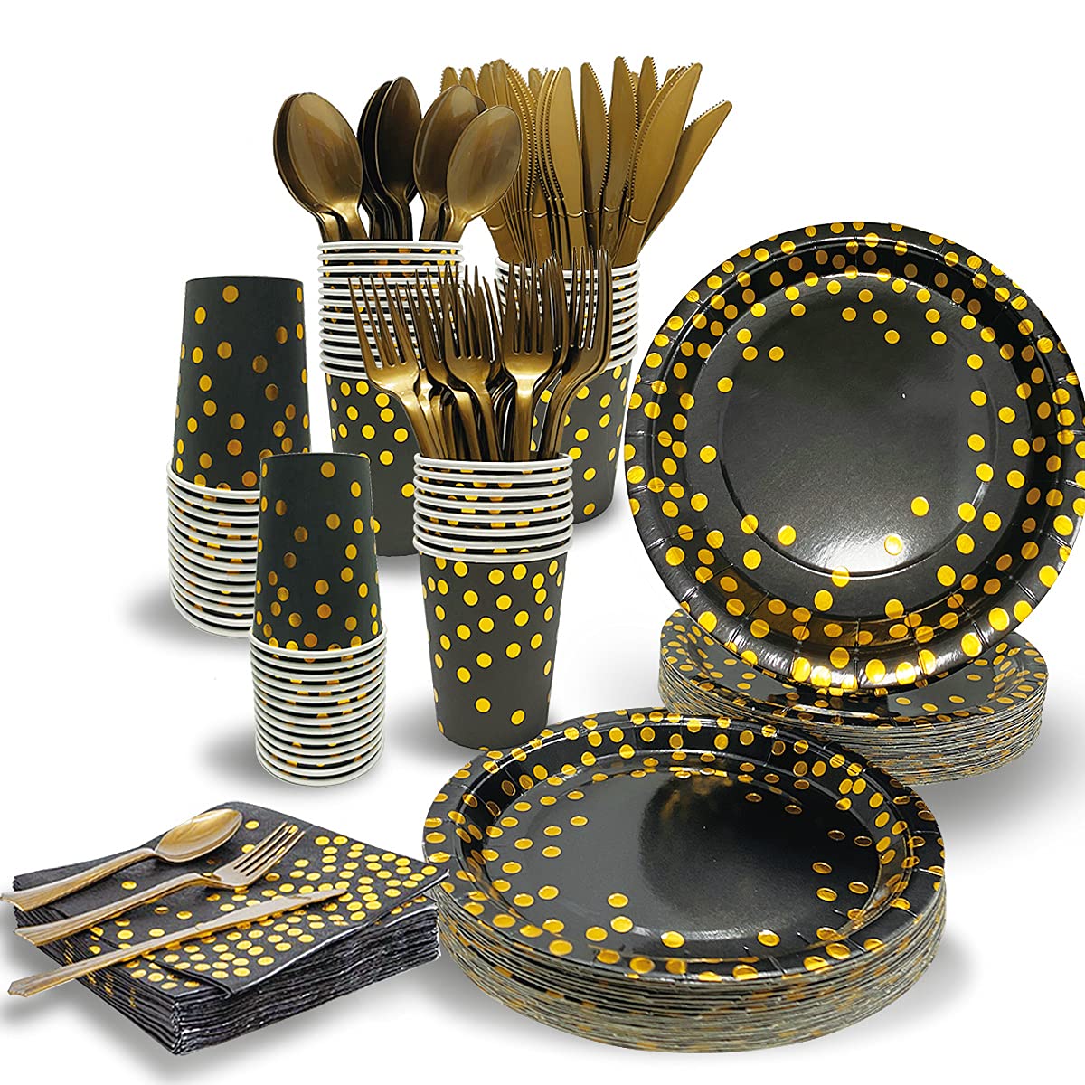 Runeaoys Halloween Black and Gold Party Decorations Supplies Paper Plates Napkin Set – product photo (Party Packs)