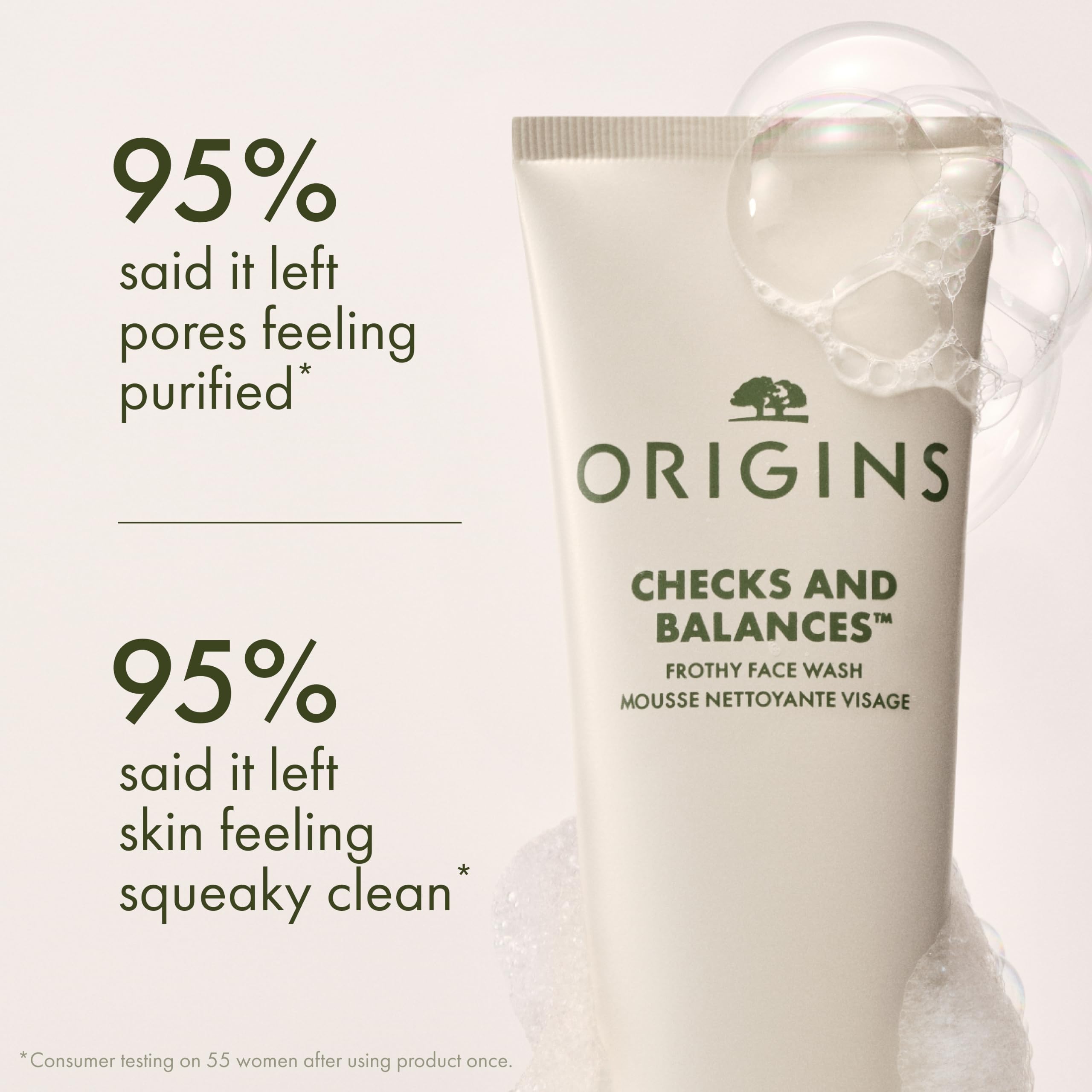 Origins Checks and Balances face wash in a 5 fl oz bottle, gentle cleanser with mint for all skin types, suitable for men and women.