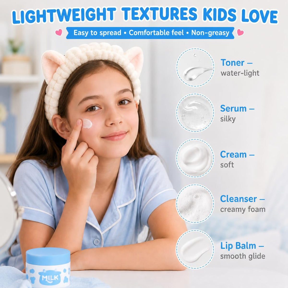 MrCuvaryas Milk Skincare Set for Kids - 13PCS Kids Face Care Kit with Toner, Cleanser, Cream, Serum, Sunscreen, Lip Balm