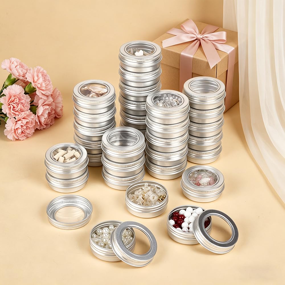 BENECREAT 50 Pcs Metal Tin Cans with Clear Top, 1 Oz/30ml Roud Aluminum Metal Tins Empty Containers for Cosmetics Beads 