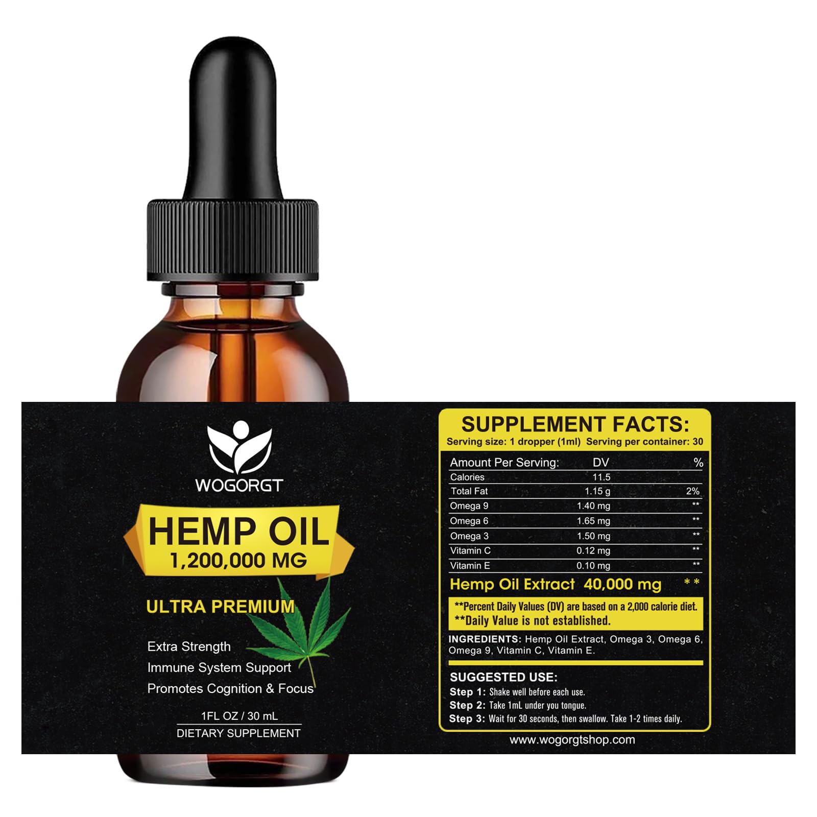 WOGORGT - Hemp Oil Drops, 100% Natural Hemp Oil Extract, 1 Fl Oz (2 Pack)