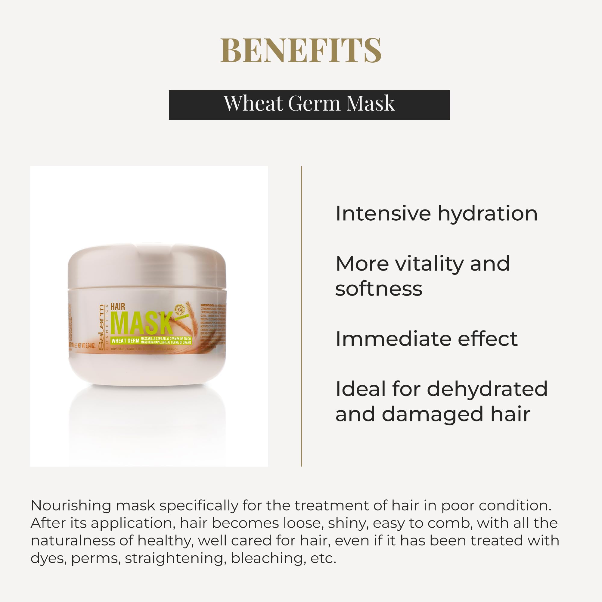 SALERM - Nourishing Hair Mask - 6.74 Oz - with Wheat Germ - for Dry and Damaged Hair - Deep Hair Hydration - Shine and Brightness - Hair Strengthening
