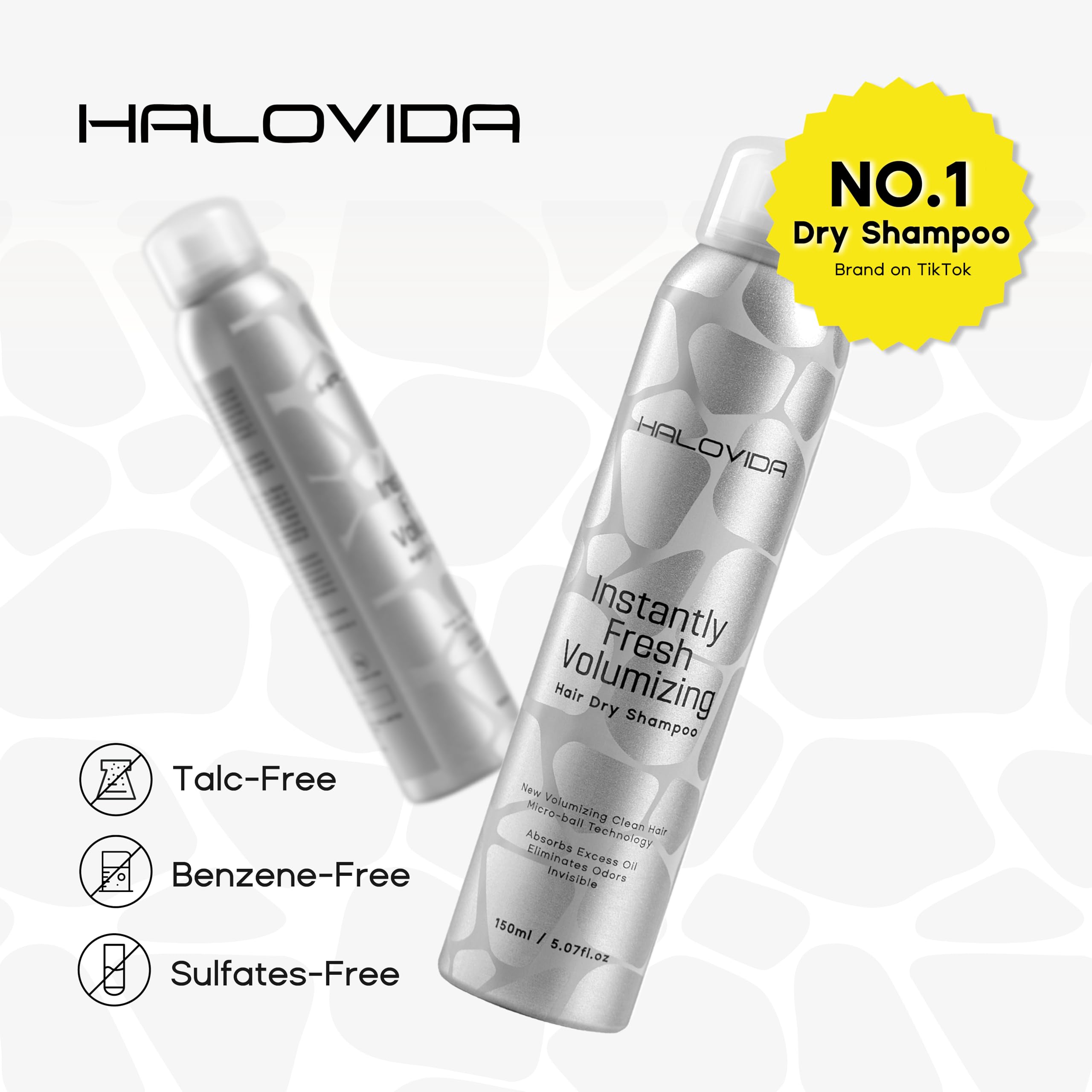 HALOVIDA Invisible Dry Shampoo 2-pack with instant oil control and volumizing effect, showing bottles and product packaging.