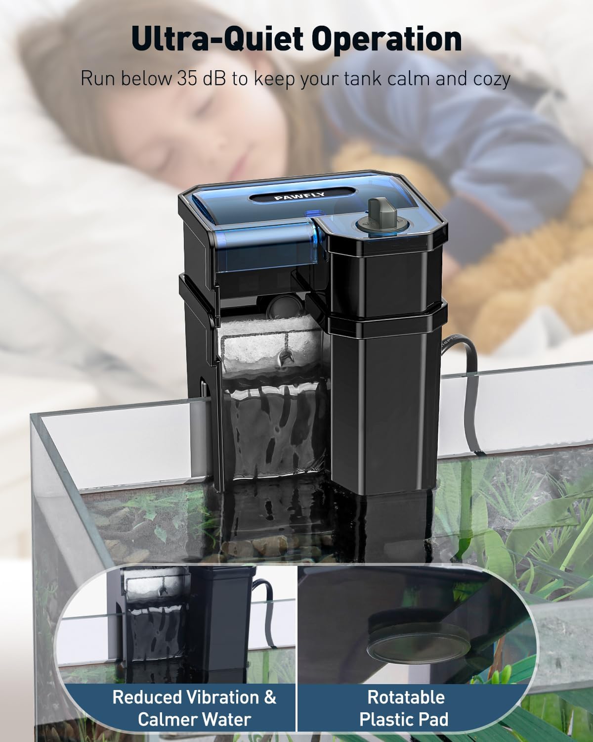 Pawfly 3 W Aquarium Filter, 15 Gallon Fish Tank Filter, 60 GPH Hang on Back Aquarium Filter with Adjustable Water Flow, 