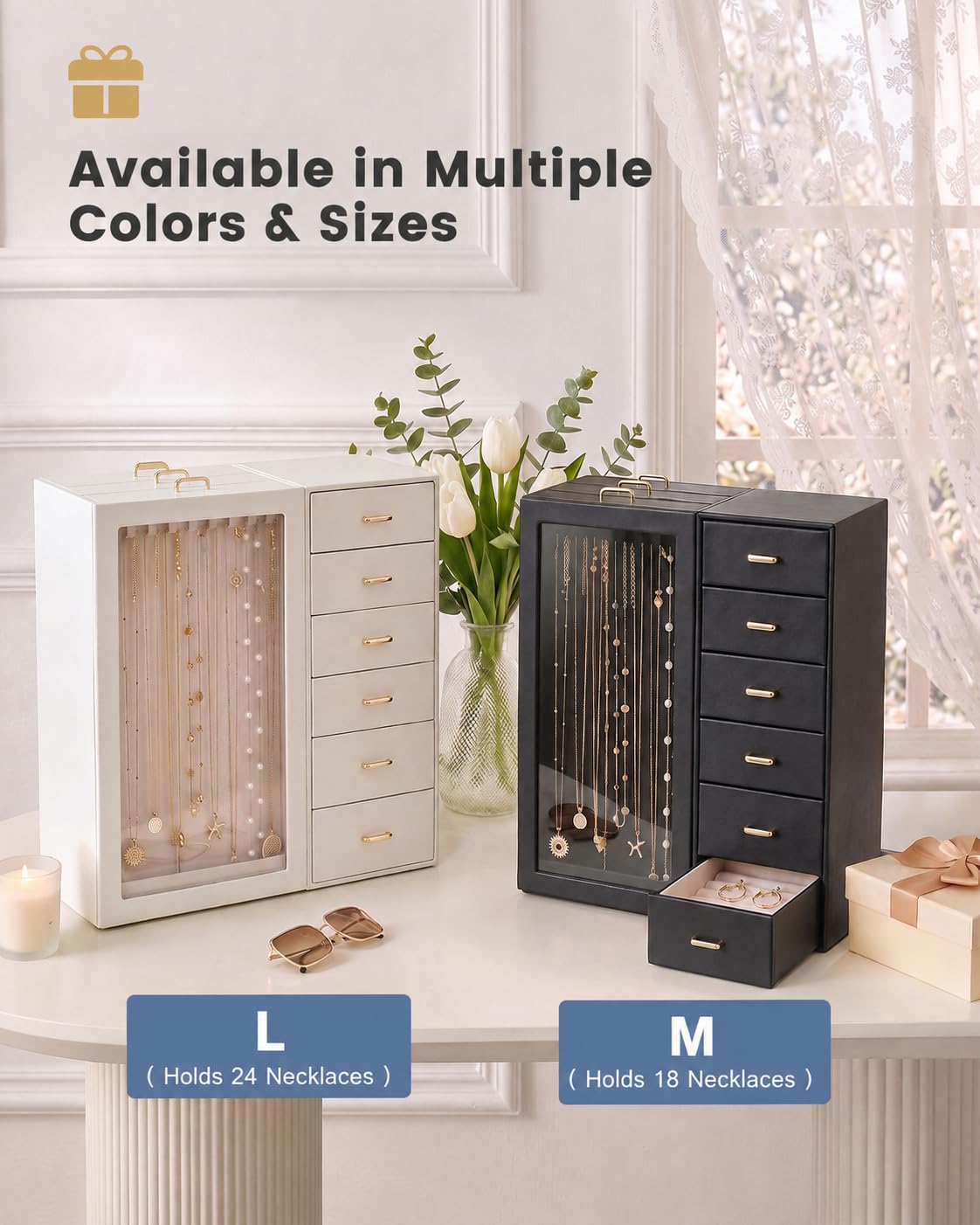 Lolalet Large Jewelry Box Organizer for Women, PU Leather Jewelry Case with Necklace Holder & Multiple Drawers, Tabletop