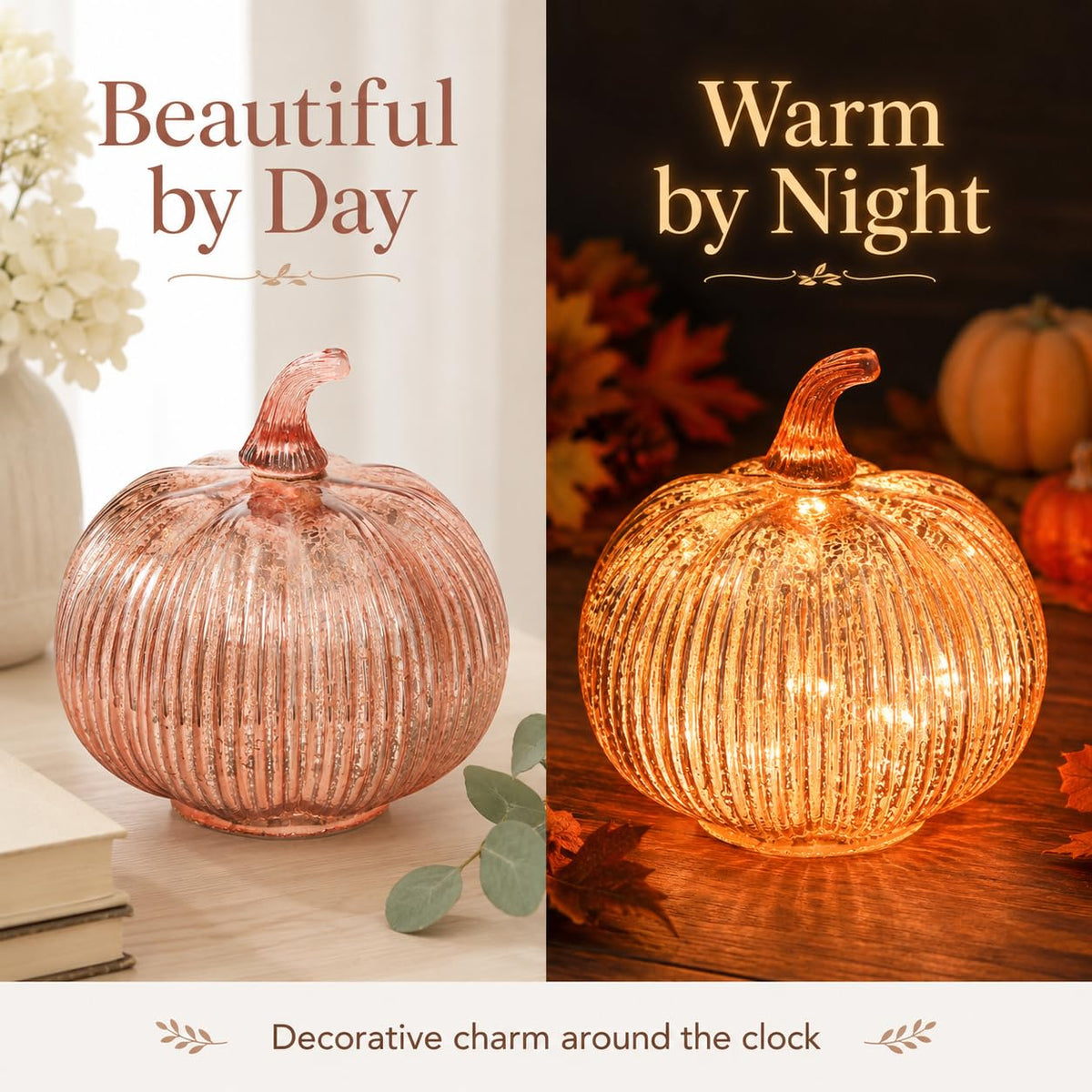 hvfun Rose Gold Glass Pumpkin Light with 2 Lighting Modes and 6-Hour Timer, 5.5 x 6 Inch Battery Operated Mercury Glass 