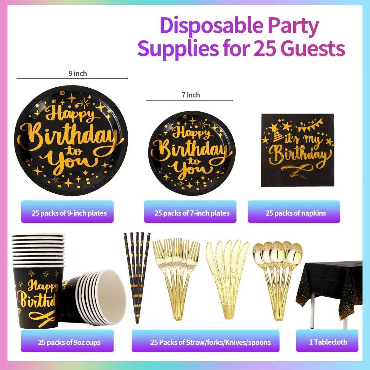Zyzyphor 201 Pieces Birthday Plate Set, Birthday Decorations, Includes Paper Plates, Paper Cups, Straws, Napkins, Tablec