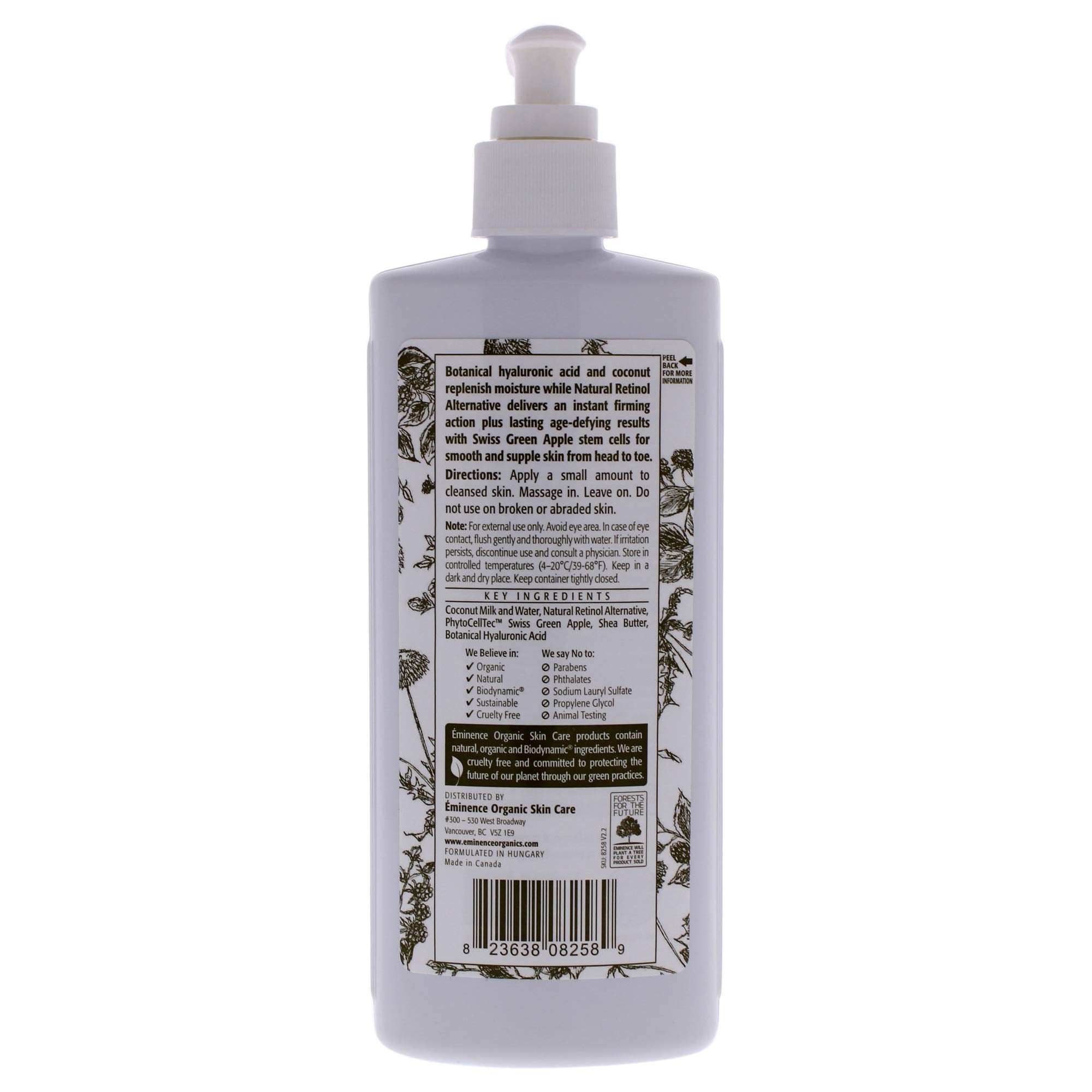 Eminence Organics Coconut Firming Body Lotion in 8.4 oz bottle, featuring a smooth, moisturizing texture and coconut scent.