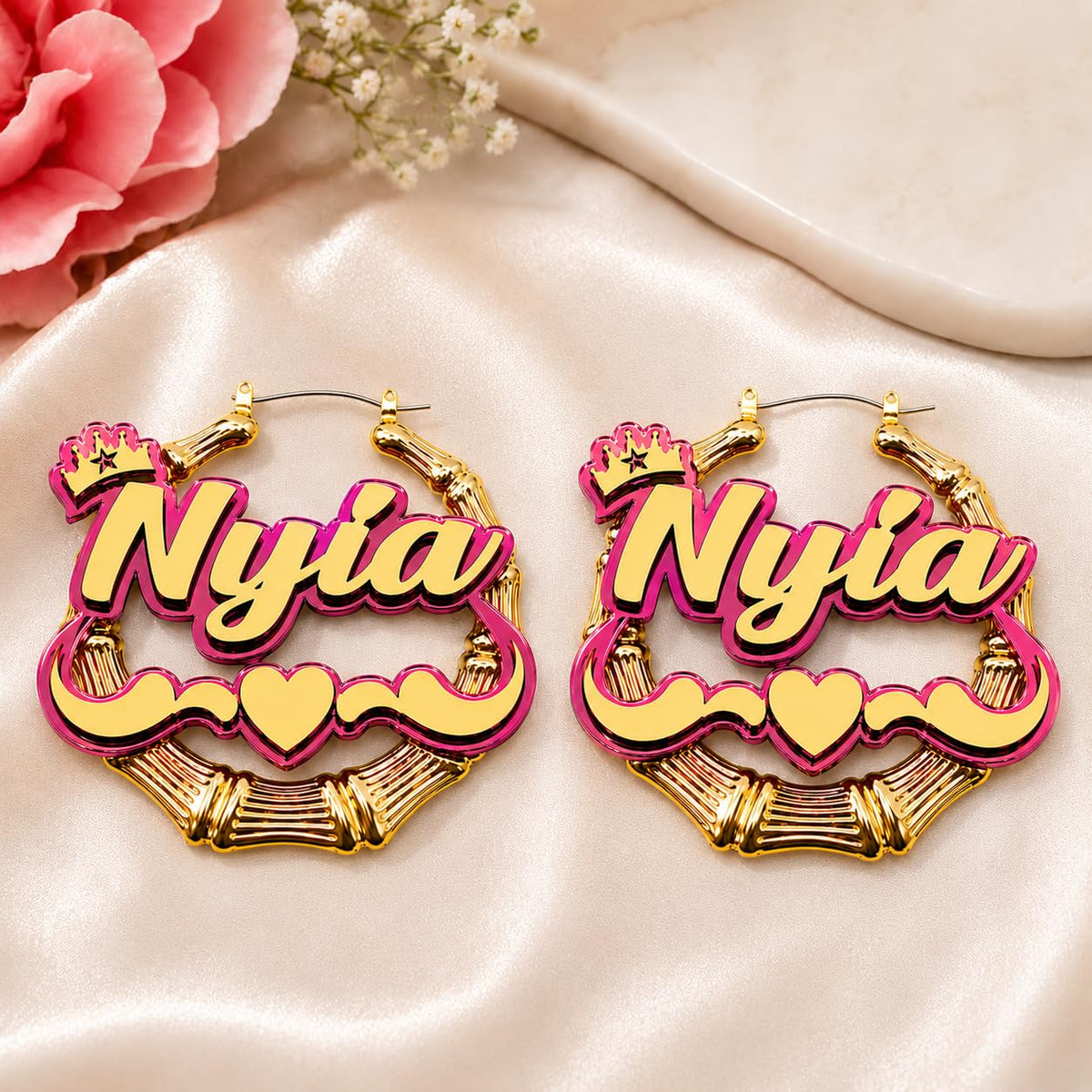 MIRROR MANIA Personalized Name Necklace & Bamboo Hoop Earrings Set | Custom Gold Nameplate Jewelry with Swirls, Heart & 