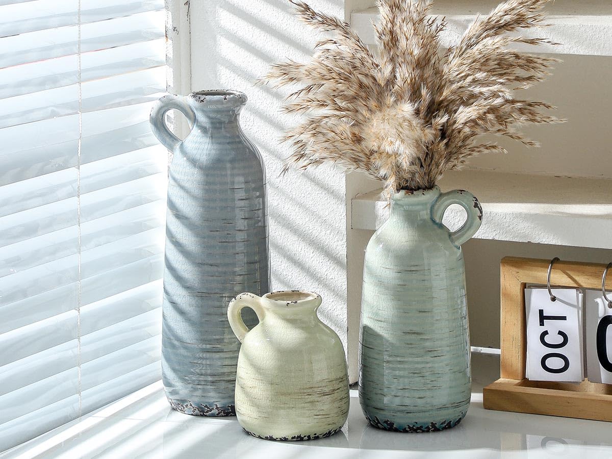 ooit Ceramic Vase Set of 3 | Neutral Vase Home Decor with Handle | Pottery Modern Farmhouse Vases Pampas Grass Flower Va
