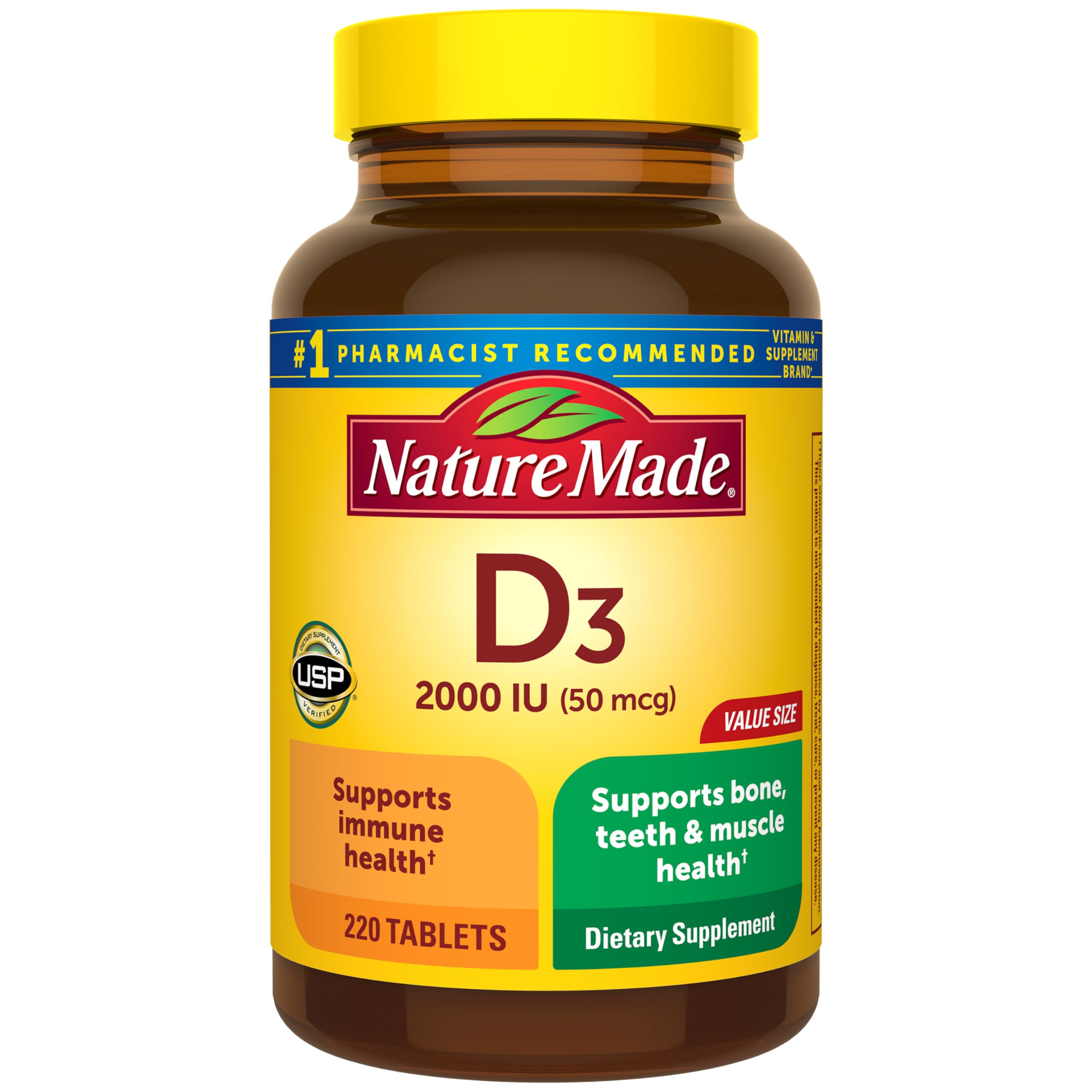 Nature Made Vitamin D3 2000 IU (50 mcg), 220 Vitamin D Tablets - Product Imagery