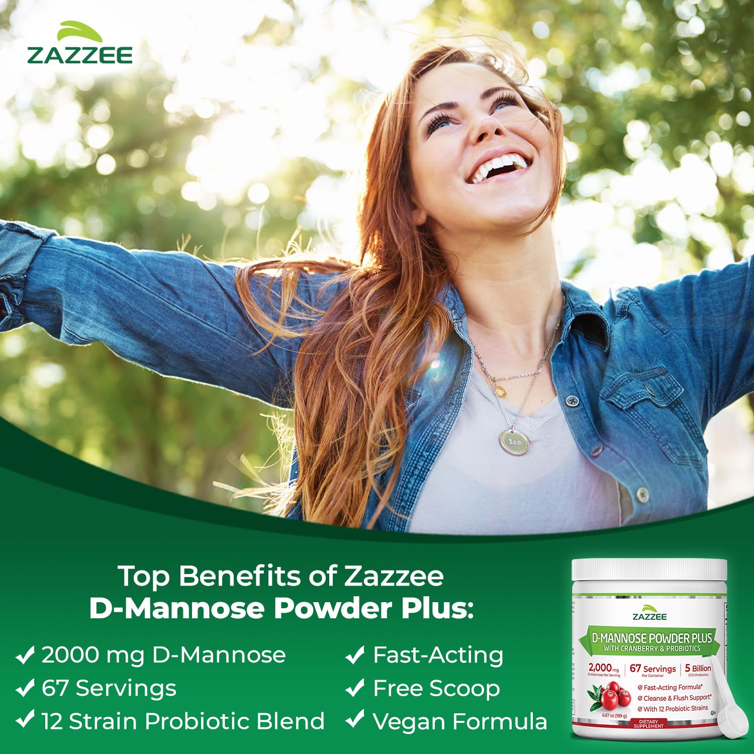 Zazzee D-Mannose Powder Plus, 2000 mg, 67 Servings, Free Scoop, Made in USA